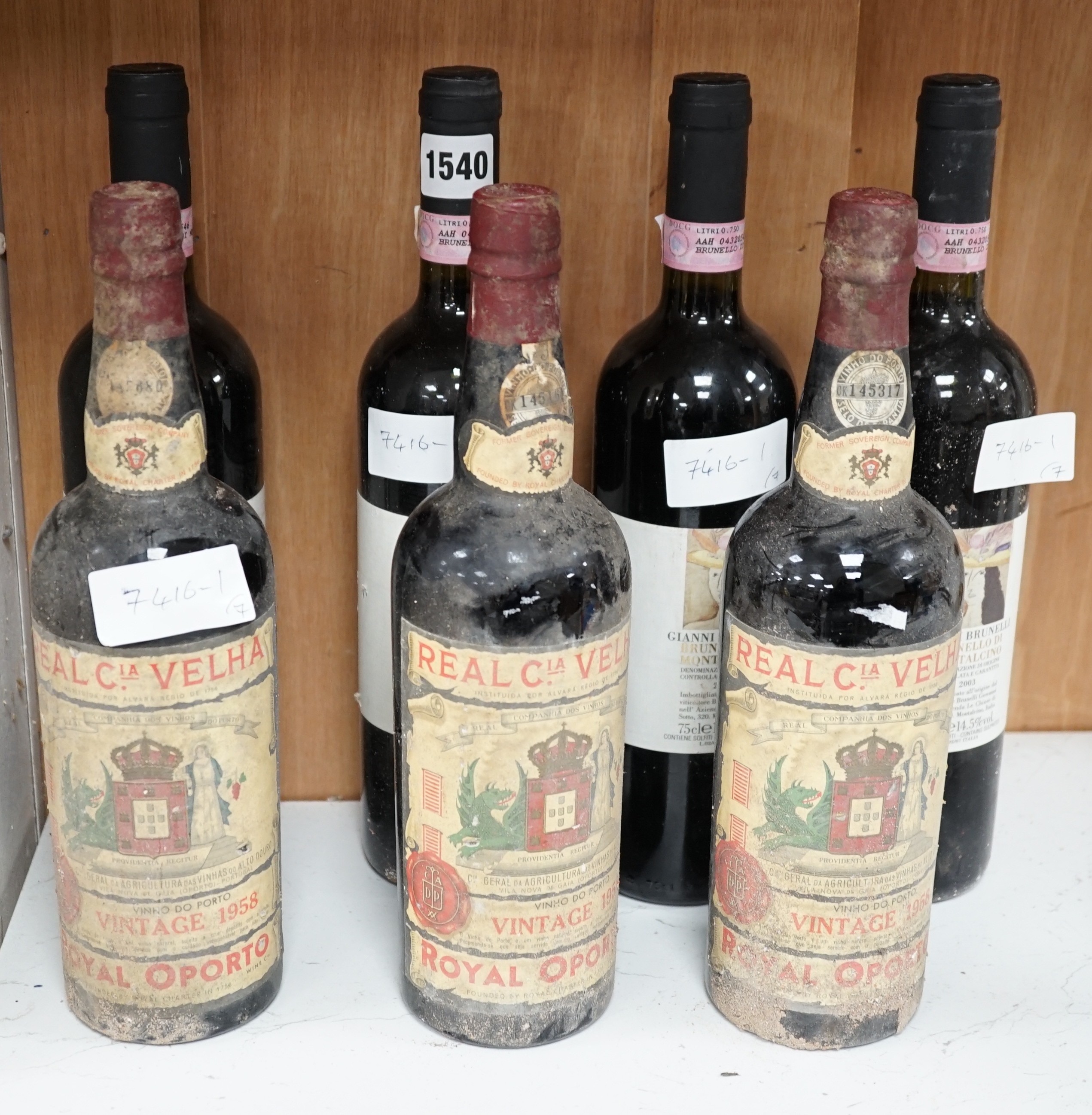 Three bottles of Real Cia Velha Royal Oporto 1958 vintage port and four bottles of Gianni Brunelli Brunello Di Montalcino, 2003.